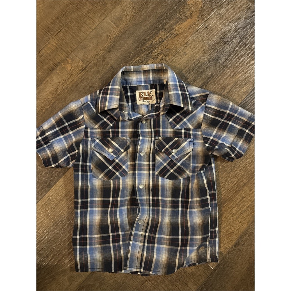 Ely Cattleman Shirt Pearl Snap Blue Plaid Toddler Boys XS 2-4 Western Rodeo